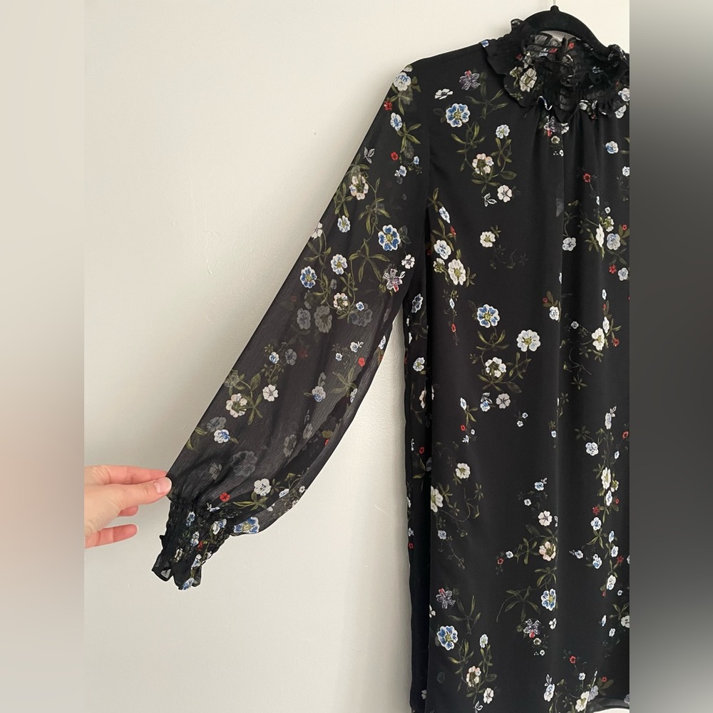 H&M High Collar Frill Black Floral Shift Dress Size 6 - Picture 3 of 5